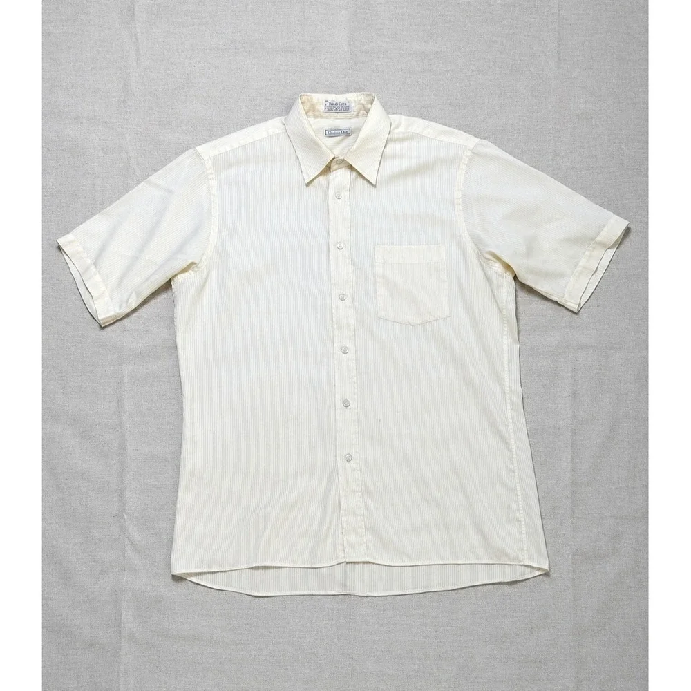 Vintage Christian Dior Plus de Coton Shirt Men L Ivory Short Sleeve Button USA